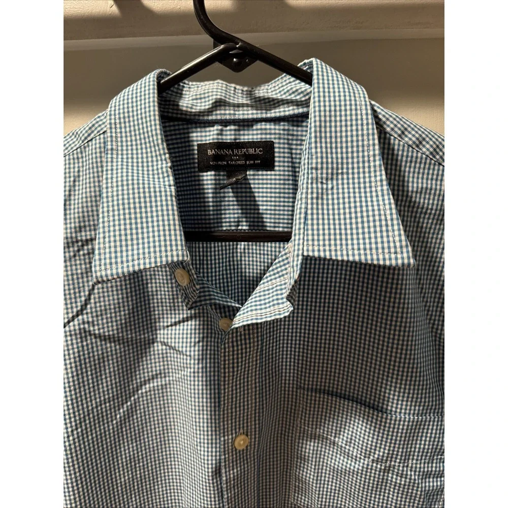 Banana Republic Non-iron Slim Fit Long Sleeve Mens Shirt L 16.5x33 Blue Check